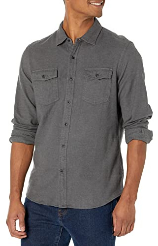 Amazon Essentials Camisas de Franela de Manga Larga y Corte Ajustado con Dos Bolsillos Hombre, Carbón Mezcla, M