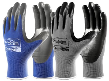 COOLJOB 10 Pairs Nitrile Dipped Safety Work Gloves with Grip, Non-slip Rubber Coated Bulk Garden Gloves for Men, Heavy-duty Oil Resistant for Truck Driver, Warehouse Box Handler, Xlarge, Gray Blue