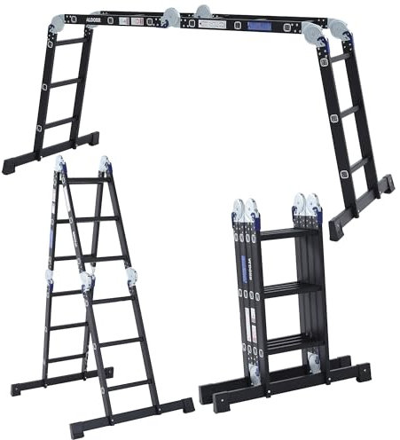 ALDORR 4x3 Professionnelle Échelle Pliante avec Plateforme - Aluminium de Haute Qualité - Polyvalente - Capacité de Charge Jusqu'à 150 kg - Pliable - Sûr et Fiable (EN131) - Échelle Extensible