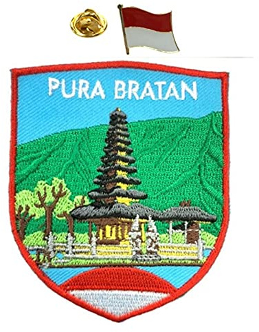 A-ONE 2 PCS Pack- Pura Bratan Applique+Indonesia Flag Lapel Pin, Shaivism Temple, Bali Landmark, Parvati, Religious Embroidered Badge Decoration, Easy to Sew on Iron on Stick on NO.292P