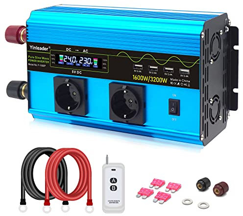 Yinleader Wechselrichter 24V 230V 1600W Reiner Sinus Spannungswandler 2xEU-Steckdosen und 4xUSB-Anschlüsse mit 10m drahtlose Fernbedienung