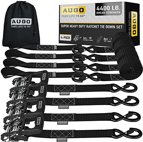 Augo Heavy Duty Ratchet Straps & Soft Loops – Pack of 4 Extra Strong 1.5” by 10’ Ratchet Straps w/S-Hook Safety Latches & 4 Soft Loop Tie Downs – 4400Lb Break Strength for Motorcycles, ATVs, Etc.…