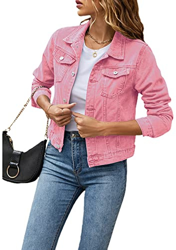 Women's Solid Color Basic Button Denim Jacket with Pockets, Casual Denim Jacket Top (A-Pink, M)