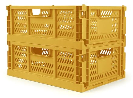 Domiella 2-Pack Crates for Storage, Storage Crates Plastic Stackable, Foldable Crate for Office Home Kitchen Bedroom Bathroom (Large, Golden Yellow)