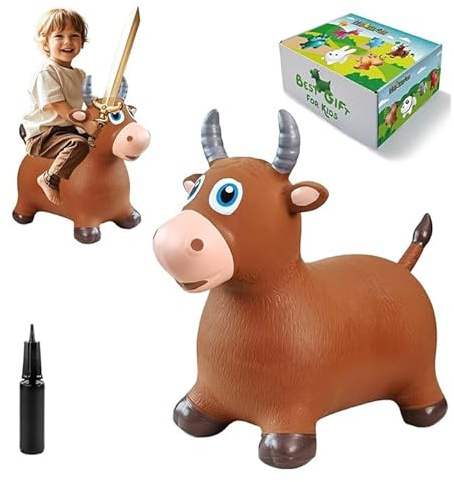 HotMax Bouncy Bull Hopping Horse Toys, Inflatable Bouncing Animal Hopper for Toddlers or Kids, Ride on Jumping Farm Toys for Boy or Girl, Birthday Gift 2 3 4 Year Old (Brown Cow)