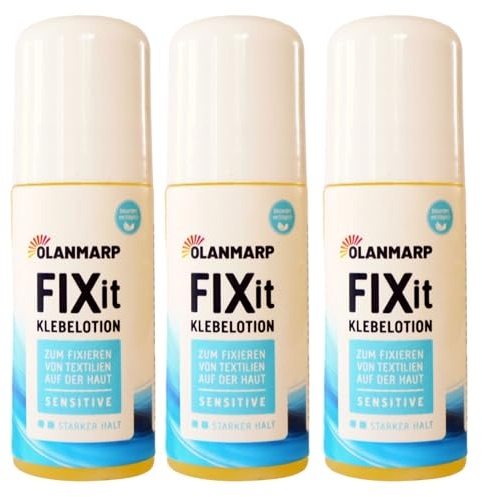 Olanmarp Hautkleber FIX IT - Spezielle wasserlösliche Klebelotion für sicheren Halt von Textilien, Kompressionsstrümpfen und mehr! Made in Germany (180 ml (3x60ml))