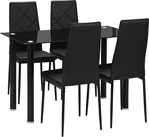 HOMCOM Ensemble de Table à Manger avec 4 chaises, Ensemble de Meubles 5 pièces de Cuisine, Plateau en Verre trempé, Pieds en Acier, Noir