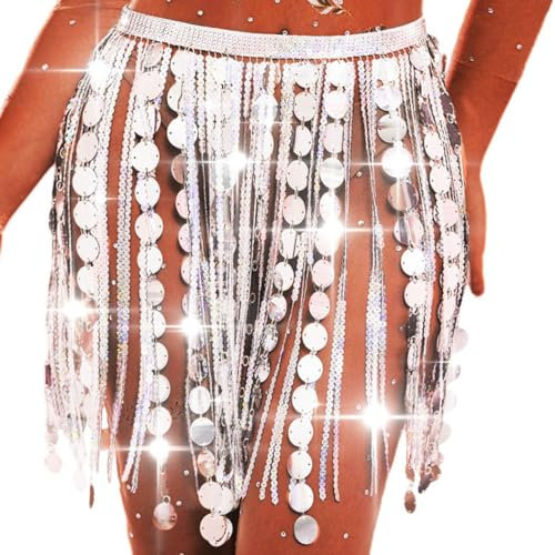 Ushiny Festival Outfit Paillettenquaste Rock Silberne Halloween Fransenröcke Bauchtanz Hüfttuch Rave Costume Accessoires für Frauen