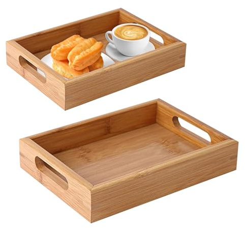 WEGREAT Holztablett Rechteckig: 2 Stück Bambus Tablett, Holz Serviertablett mit Griff, Holz Servierplatte 30 x 20 x 4 cm; 20 x 15 x 4 cm, Serviertablett Bambus Tablett für Frühstück, Tee, Couchtisch