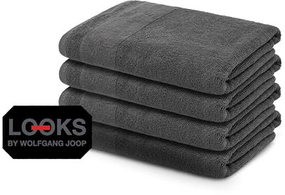 LOOKS BY WOLFGANG JOOP 4X Handtuch 50x100 cm – 100% Baumwolle Luxus Handtücher mit Aufhänger & Logostick, 4er Set Handtücher grau