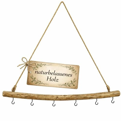 NaDeco Deko Holzstange mit Kordel & Haken, AST Holz Treibholz Deko Hänger, Dekoration Stock Dekoast Holzbalken Dekozweig zum aufhängen, Fensterdeko Türhänger Wanddeko, Größe: 80cm mit 6 Haken