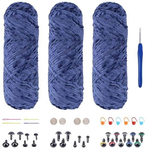 NAHUAA 3 x 100g Chenille Yarn Gray Blue Chunky Velvet Yarn Fluffy Yarns Thick Plush Chenille Wools for Knitting Crocheting Beginners Clothes, Scarves, Blankets, Bags with Needles/Eyes/Noses, 5mmx150m