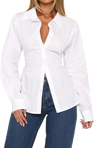 MISSACTIVER Women's Lapel Collar Button Down Shirt Cinch Waist Long Sleeve Casual Work Dressy Tunics Blouse Corset Tops White