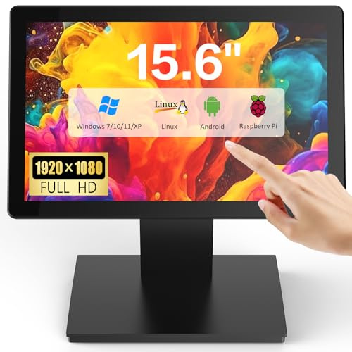 NewHail Monitor POS con pantalla táctil de 15.6 pulgadas, pantalla IPS FHD de 1920 × 1080, táctil capacitiva de 10 puntos, con entrada HDMI/VGA, soporte de metal resistente para restaurante, bar