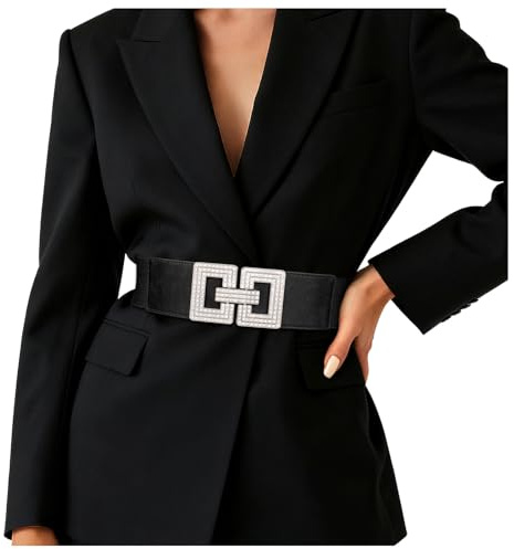 JasGood Cintura da donna, ampia cintura elastica in vita con fibbia in argento, stile vintage, per abito e gonna a maglia, Nero , L:85cm (Taillengröße 83cm-95cm)