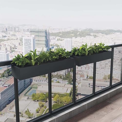 Hållbar metallräcke planteringslåda med krokar – 81 x 8 x 5 tum utomhus rektangulär blomkruka för balkong veranda och trädgård – bruna fönsterplanterare för räcke staket perfekt för blommor och örter