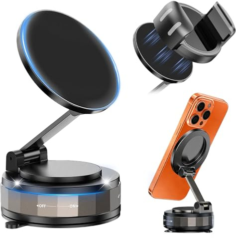 Vacuum Magnetic Cars Phone Holder 2-in 1 for All Phones, [N55 Magnets & Nano+Vac. Suction] for Magsafe Car Mount Dashboard Windscreen, 360° Rotatable| Foldable for iPhone 17 16 15 14 13 Samsung Pixel