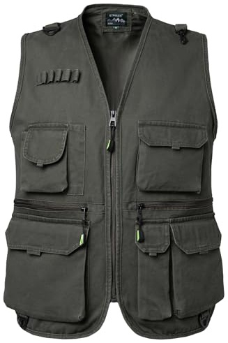 KTWOLEN Men's Multi Pocket Fishing Vest Cotton Utility Vest Lightweight Summer Gilet Safari Work Photography Travel Gilet, Green, L