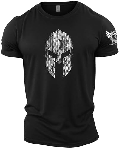 GYMTIER Spartan Helmet Hex Camo - Spartan Forged - Men's Gym T-Shirt - Bodybuilding Workout Top, Black, 5XL