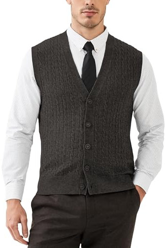 Kallspin Herren Strickweste Ärmellos Cardigan Wollmischung mit Zopfmuster und Knöpfen(Dunkelgrau, XL)