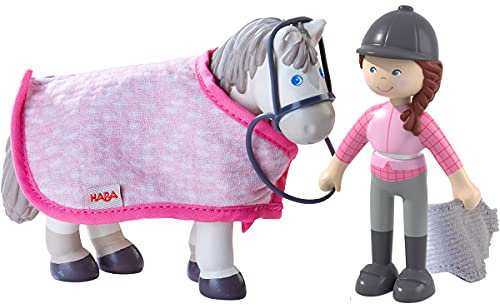 HABA 306168 - Little Friends – Reiterin Sanya und Pferd Saphira, Biegepuppen & Tiere ab 3 Jahren, Pink, Grau