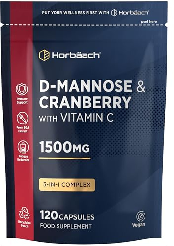 D Mannose and Cranberry 1500mg | 3 in 1 D-Mannose Capsules + Vitamin C | Urinary Tract Infection (UTI) Relief | 120 Vegan Capsules | by Horbaach