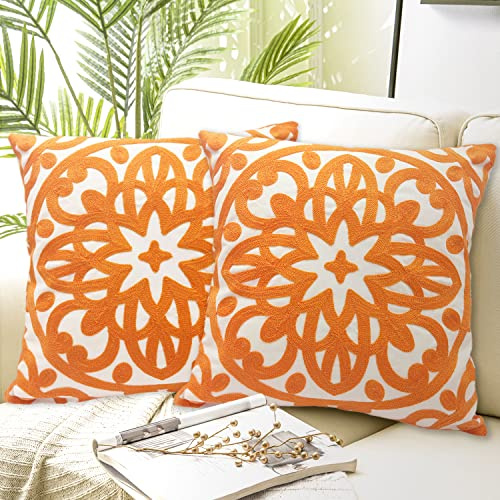 Alysheer Boho Embroidered Throw Pillow Cover 18x 18, 2pcs Bright Orange