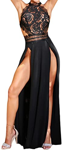 ORANDESIGNE Robe de Soirée Longue Femme avec Ruchés Classique Fendue Robe de Soirée Dentelle Patchwork à Paillettes Empire Élégante A Noir S
