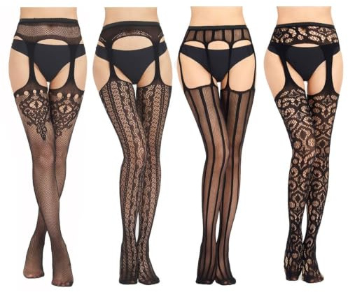 HSAJS 4 Pares Mujeres Sexy Elástico Medias de Cintura Alta Medias de Rejilla Liguero Encaje Hosiery Sexy Muslo Medias Mujer Fishnet Tights,Medias Negras Mujer con Diferentes Patrones (1)