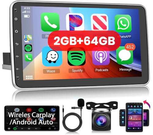 Radio 1 Din Schermo 2GB 64GB Android Autoradio Carplay Wireless Android Auto 10,1 Pollici Verticale Ruotato Touch Screen Stereo Auto 1 Din con GPS Navigazione WiFi Bluetooth FM/RDS Radio Hodozzy