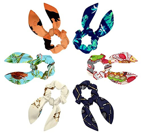 6PCS Hair Scarf Scruncheis for Women Girls, Ribbon Bow Elastic Hair Ties Bands Satin Hair Ribbon Scrunchy Ponytail Holder Accessories,Jurassic Dinosaur and Palm Trees