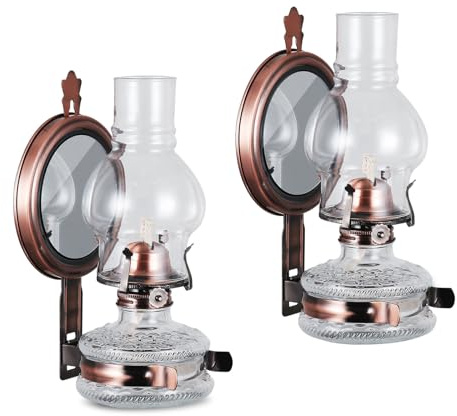 DNRVK 2 Pieces Large Wall Oil Lamp Vintage Glass Kerosene Lamp 7/8 Wick Antique Decorative Wall Mounted Oil Lamps for Indoor Use Emergency Lighting Hurricane Lamp with Mirror Oil Lantern