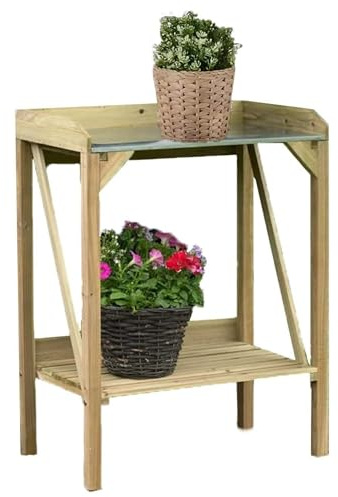 AAMEN Wooden Potting Bench Table, Wood with Metal Table Top & Shelf, Outdoor Garden Patio Workstation for Backyard Lawn Outdoor (Wooden Potting Bench Table)