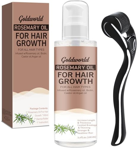 GoldWorld Rosemary Oil for Hair Growth With Derma Roller - 100ml Light-Weight Non-Greasy Serum for Men and Women - Reduces Beard Hair Loss, Diluted Oil for Dry Damaged Hair Tonic