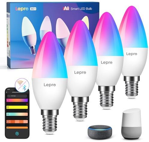 Lepro BC1 IA Ampoule Connectée E14, Compatible avec Alexa et Google Assistant, Assistant concepteur d'éclairage IA, E14 C37 WiFi et Bluetooth, Multicouleurs RGBCCT, Contrôle Vocal, Music Sync, 4 PCS