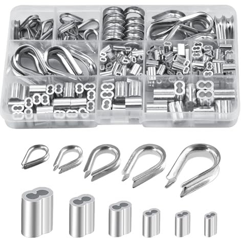 250-Teiliges Drahtseil-Fingerhüte-Set, Aluminium Doppelhülsen, Alu Klemme Stahlseil, Edelstahlkauschen Seilöse, Drahtseil Stahlseil Geländer Kit für Drahtseil Kabel Stahlseil Thimble Rigging