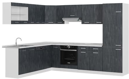 Vicco Hörnkök R-Line, Svart betong/Vit, 287 x 227 cm AP antracit, flexibelt utbyggbar med modulära element