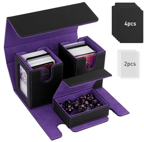 TiMOVO Scatola Porta Mazzi di Carte Magic, Scatola Magnetica con 2 Commander Display e 4 Divisori per 200+ Carte e 1 Vassoio per Dadi, Deck Box in Pelle per Carte Magiche MTG YuGiOh TCG CCG,Nero&Viola