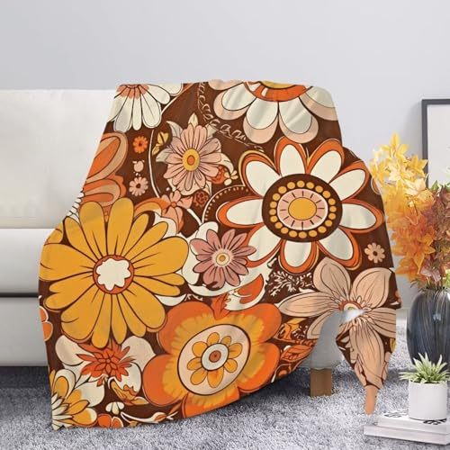 Allcute Print Throw Blanket for Couch Sofa Flower Hippie Blanket for Women Soft Warm Lightweight Outdoor Travel Sofa Throws Small Orange Fall Blanket Home Decor