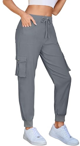 Hormtaer Women's Cargo Joggers Walking Trousers Lightweight Quick Dry Hiking Multi Pants Casual Outdoor Travel Gym Athletic Workout (B Grey, L)