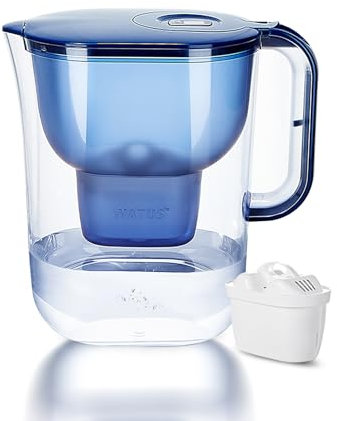 Watus Filtre à eau, carafe filtrante bleue, contient 1 cartouche Watus – Carafe filtrante (3,8 litres), filtration de l'eau potable pour réduire le calcaire, le chlore, le plomb et le cuivre dans