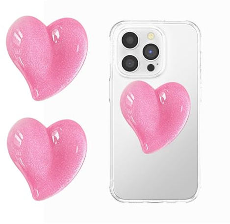 AOWVUTS Poignée Grip Extensibles de Coeur Support de Téléphone Pliable Base Téléphone Portable à Paillettes Poignée en Verre Compatible avec Smartphone Tablette (Rose)