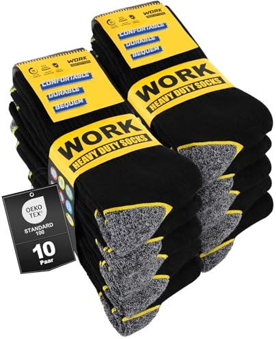 Effeet 10 Pares Calcetines de Trabajo Hombre, Ideales para Botas, WORK Socks Acolchados y Reforzados, Calcetines Funcionales y Transpirables con puño Cómodo