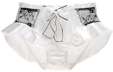 ZooChest Womens Silk Knickers French Lace Trim Bow Cute Sexy Underwear Ladies Soft Stretch Frilly Full Coverage Briefs White Bridal Lingerie Sissy Clothing Satin Panties XL