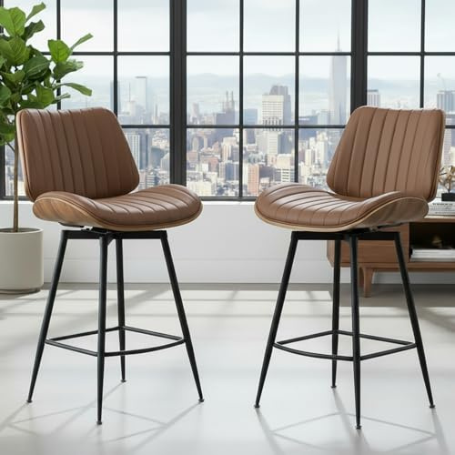 TOHOQ Breakfast Bar Stools Set of 2, 360° Swivel Kitchen Stools Modern Style, Armless Barstools 27 Height with Metal Legs, Kitchen Chairs with Upholstered PU Leather (Brown, Set of 2)