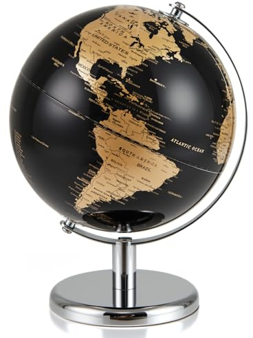 GOPLUS Globo Terráqueo Moderno Negro con Detalles Dorados/Plateados, Soporte Metálico, Base Antideslizante, Zona Horaria, Globo Terráqueo Decorativo de Mesa para el Hogar, la Oficina (Oro)