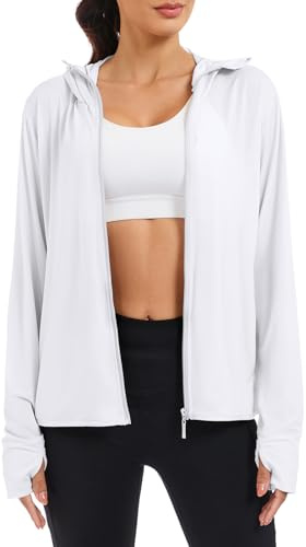 VUTRU Women UPF 50+ Sun Protection Jacket Hoodie Lightweight with Pockets Running Shirts Long Sleeve Top for Outdoor, White M