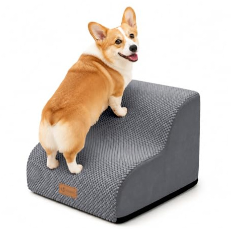 vounot® Escalier pour Chien et Chat à 2 Marches en Mousse Haute Densité Antidérapante Déhoussable Lavable Rampe pour Chien Accès Canapé Lit pour Animaux Âgés ou Blessés avec Poignée Gris