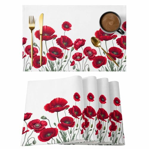Placemats Set of 6, Spring Red Opium Poppy Flower Summer Watercolor Plant Non-Slip Burlap Place Mats for Dining Table Kitchen Party Holiday Family Dinners 13x19in