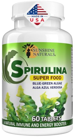 Sunshine Naturals Spirulina. Superfood Supplement for Natural Immune System Support, Energy Booster, Detox, Digestion, Heart Health, and Antioxidant Defense. Rich in Nutrients. 500 mg. 60 Tablets.